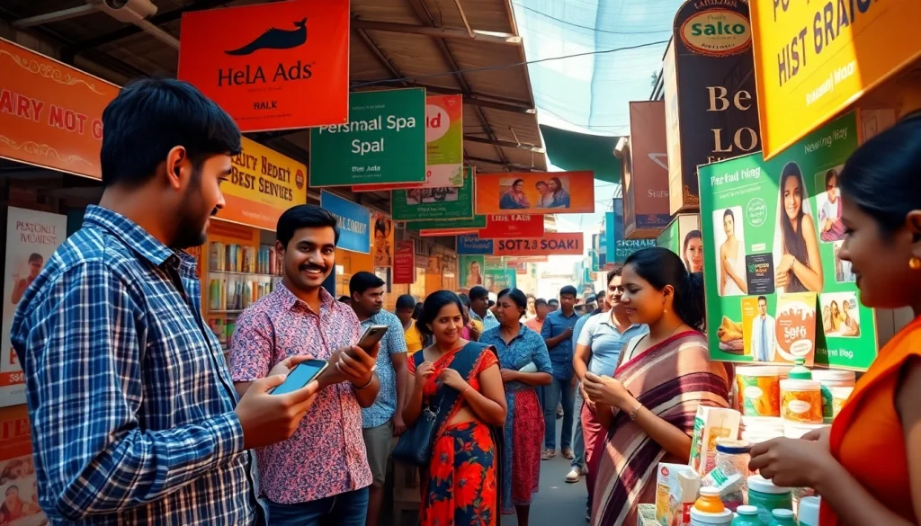 Engaging market scene showcasing Hela Ads with vibrant banners and happy people connecting.