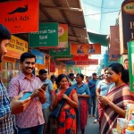 Engaging market scene showcasing Hela Ads with vibrant banners and happy people connecting.