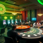 F168 vibrant casino scene with poker table and roulette wheel, conveying excitement and luxury.