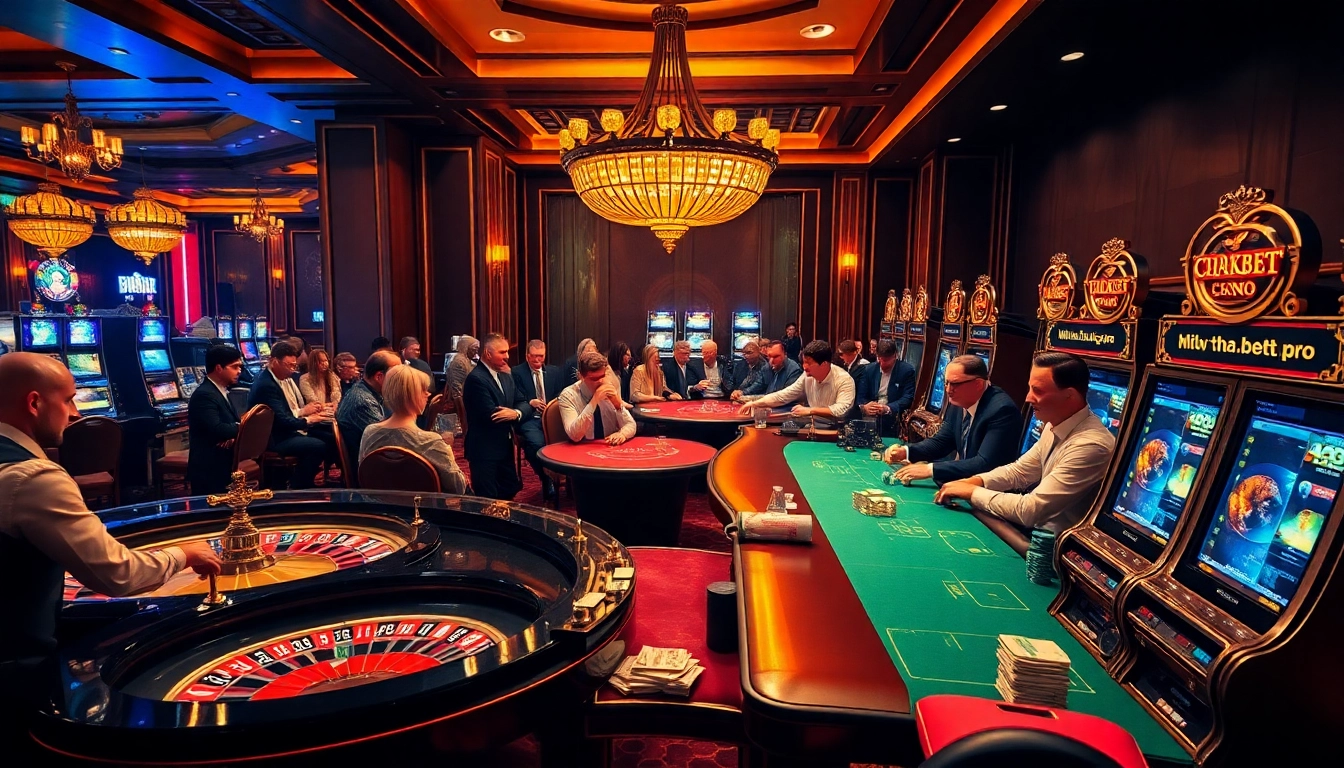 Players enjoying a vibrant casino experience at https://tha-bet.pro/, featuring roulette, poker, and slots.