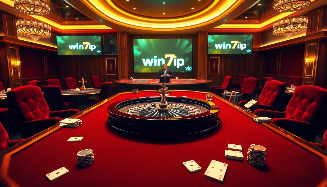 Excited players enjoying poker at win79.vip casino, surrounded by roulette wheels and chips.