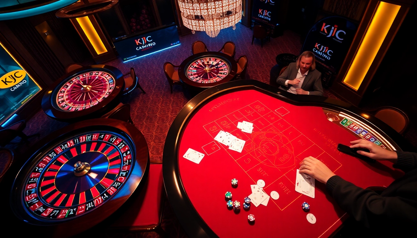 KJC gaming table scene with vibrant action, poker chips, and a roulette wheel highlighting luxury and excitement.