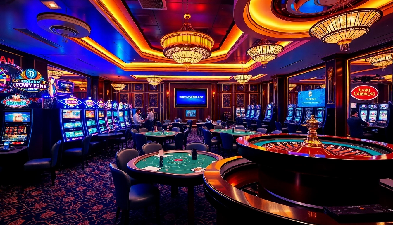 Gambling action at VUA88 featuring slot machines and a roulette wheel spinning.