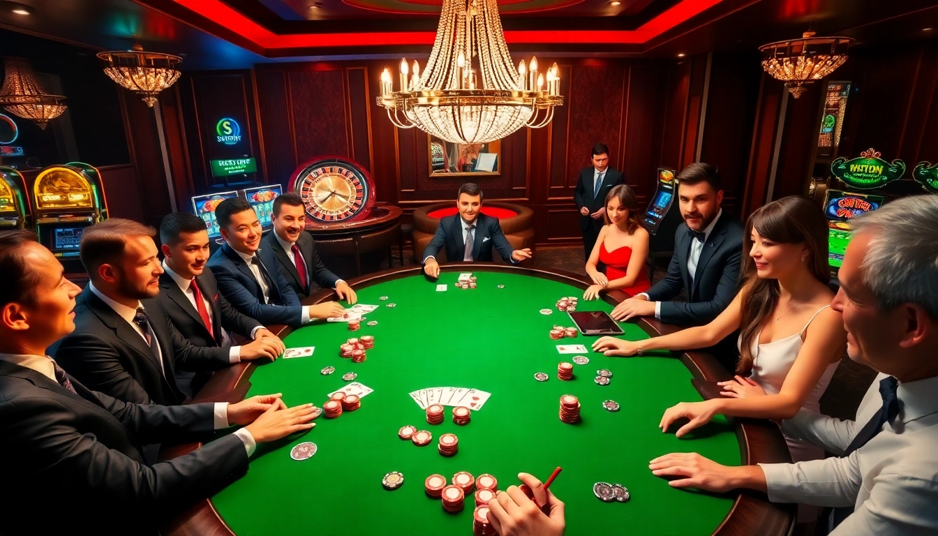 Players at a luxurious poker table strategizing their bets with sunwinn.in.net products visible.