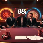 Engaged players at a luxurious 88i online casino table, showcasing poker chips and exclusive gambling elements.