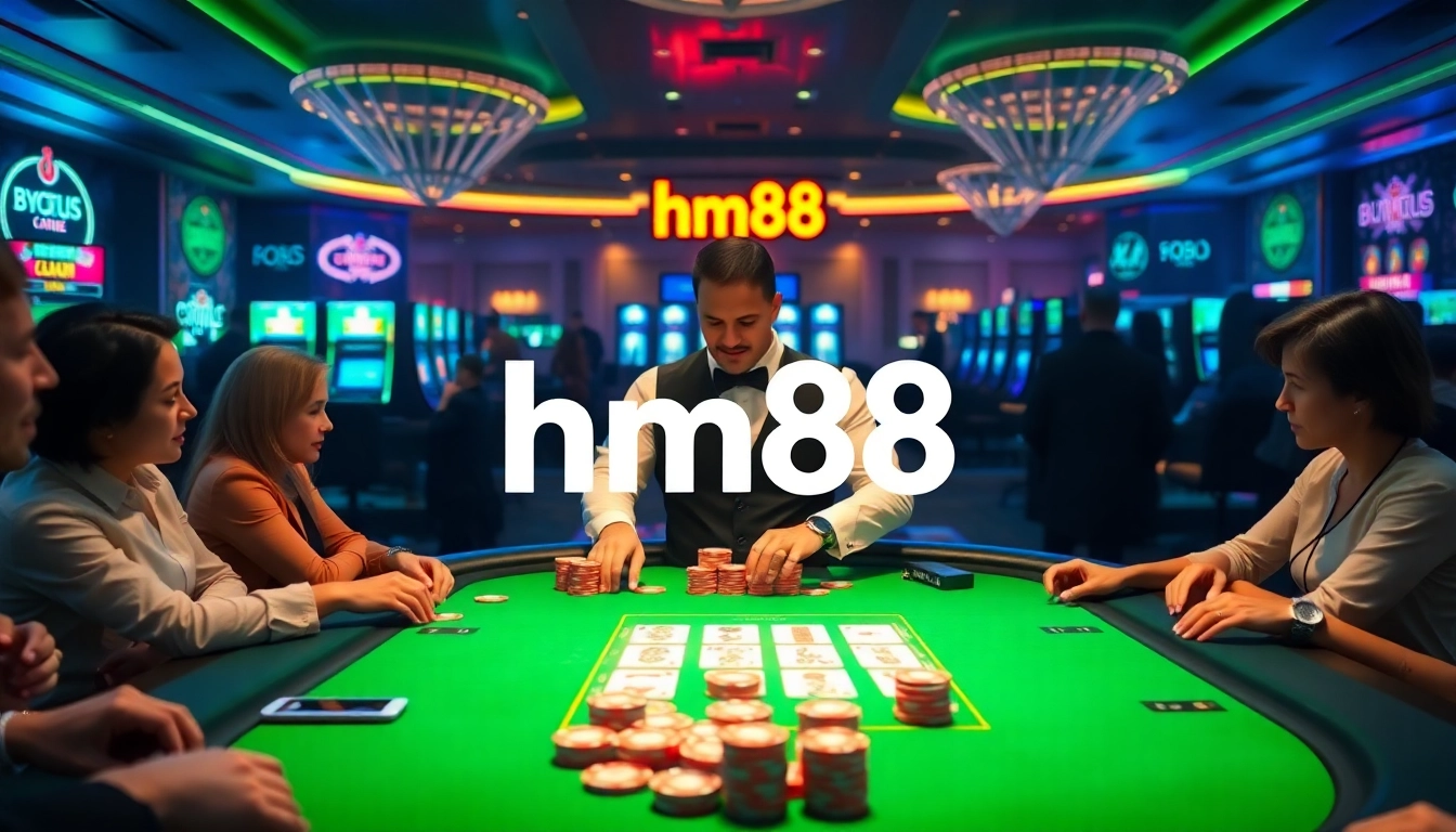 Engaging players at the hm88 poker table in a luxurious casino atmosphere.