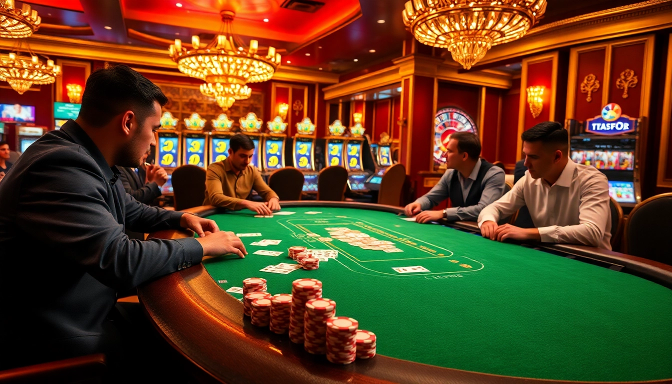 Players enjoy high-stakes games at the b52 club poker table in a luxurious casino setting.