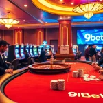 A vibrant casino scene with players enjoying 9bet games at a roulette wheel and poker table.