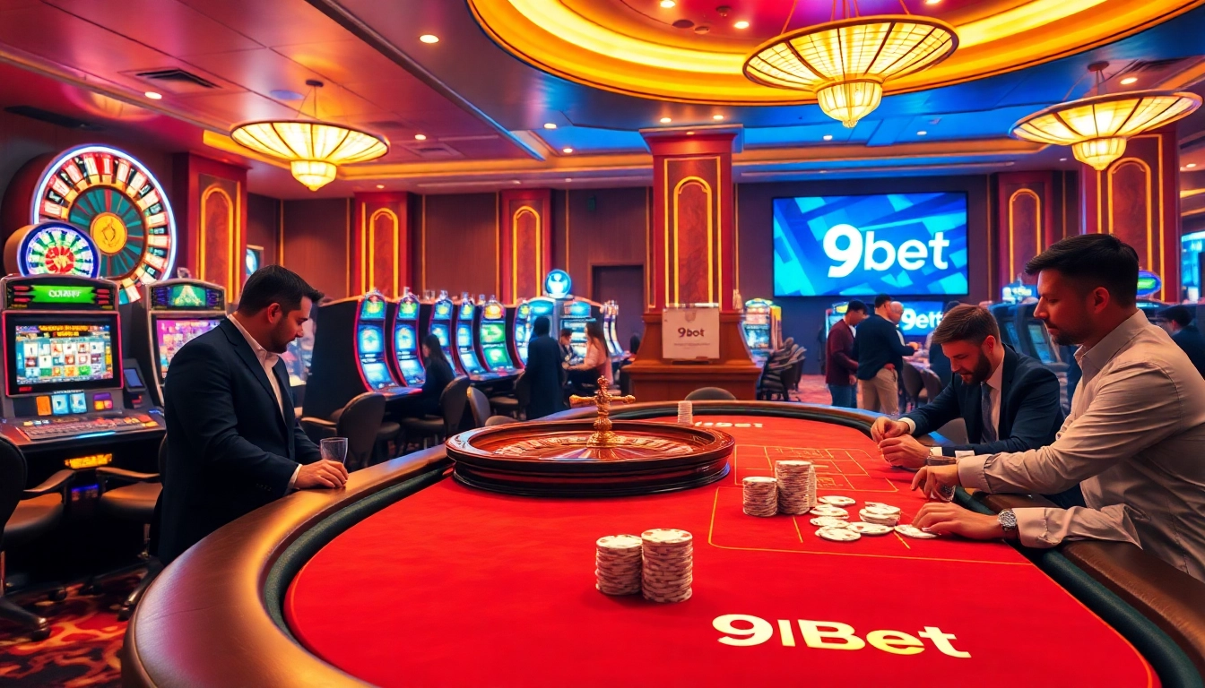 A vibrant casino scene with players enjoying 9bet games at a roulette wheel and poker table.