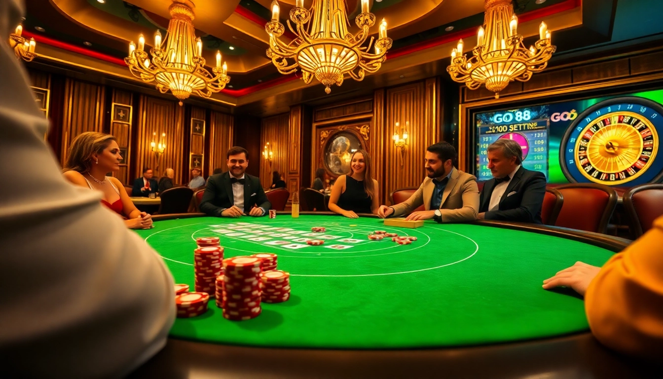 Exciting poker action at GO 88 casino table, complete with vibrant chips and cards.