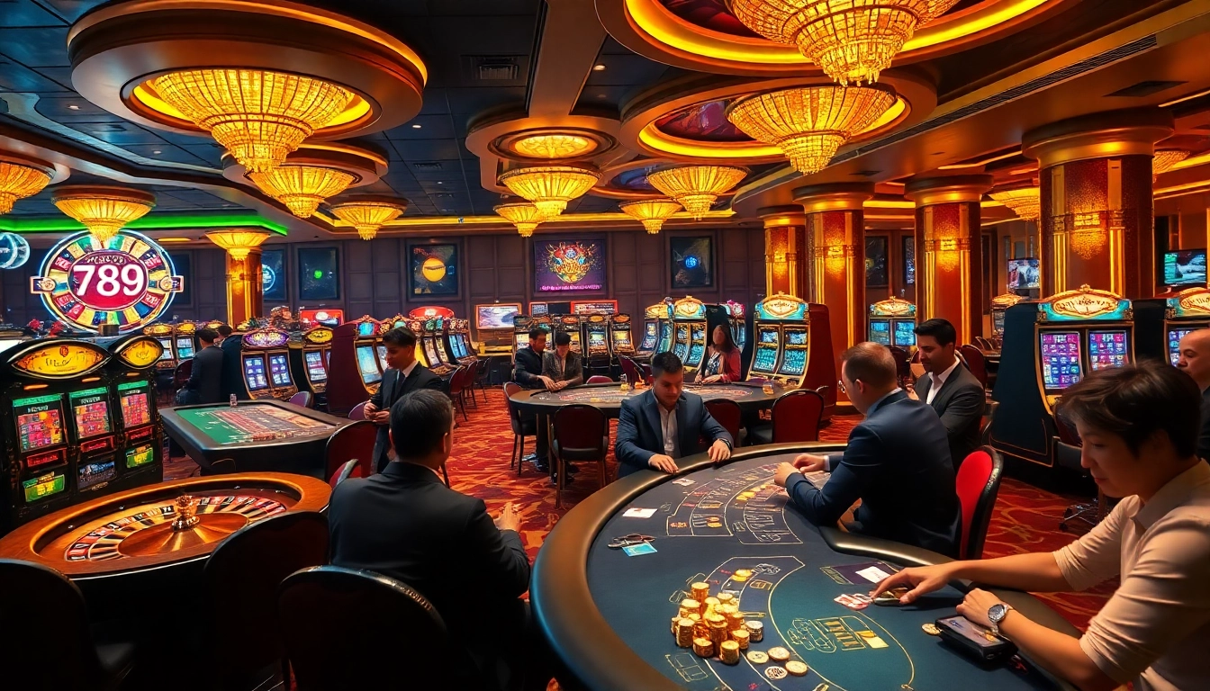 Players excitedly engage in games at 789club casino, showcasing vibrant tables and slot machines.