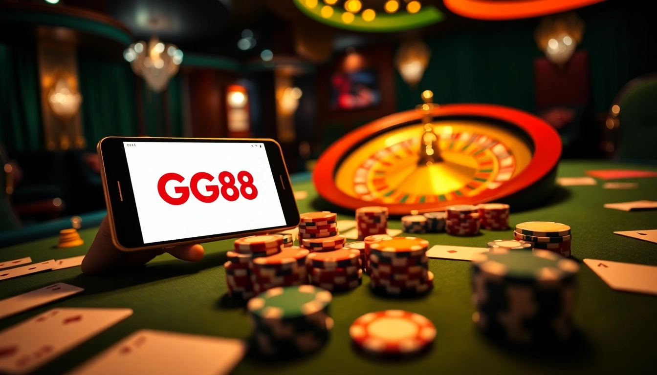 Engaging visual of GG88 online casino gaming scene with luxury poker elements and digital interface.