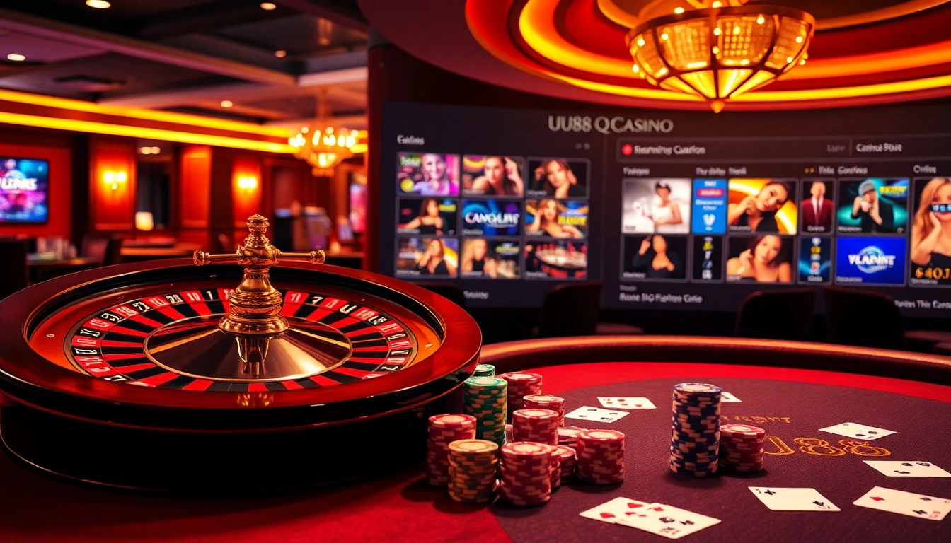 Engaging UU88 casino scene featuring a roulette wheel and poker table with vibrant colors.