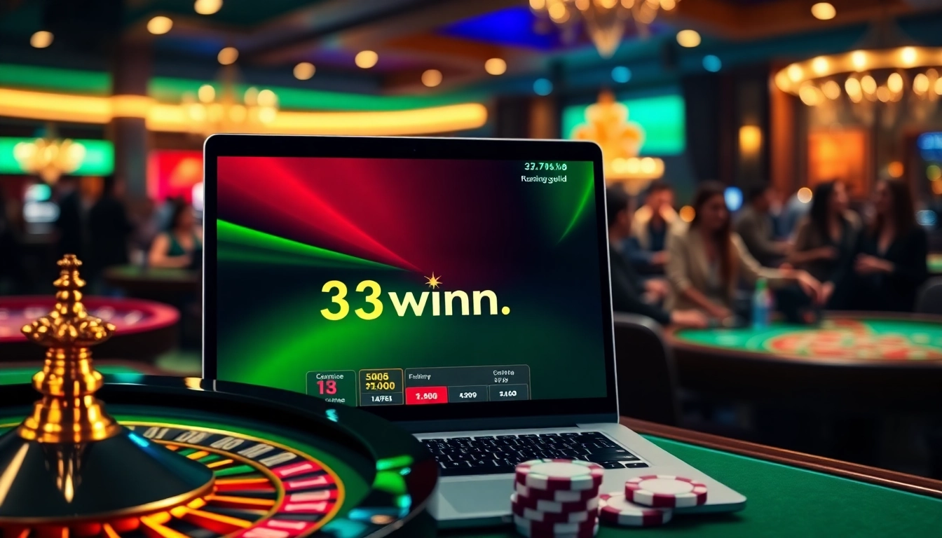 Experience the excitement of gambling with https://33winn.gold/ showcasing roulette wheels and poker chips in a vibrant casino setting.
