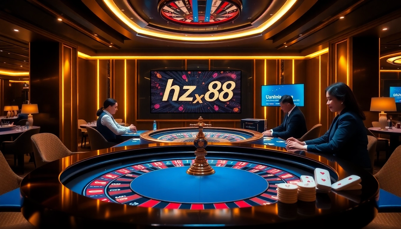 Experience the thrill of gambling with hz 88 showcased at an elegant casino setting featuring vibrant roulette and poker.