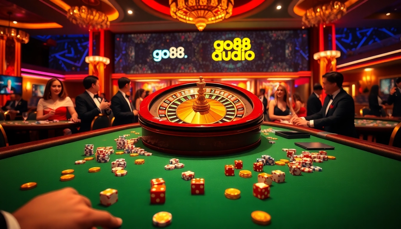 Experience thrilling gaming at go88.audio's opulent casino with poker chips and roulette.