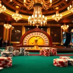 A bustling casino scene with KJC branding, highlighting poker tables and luxurious decor for gamblers.