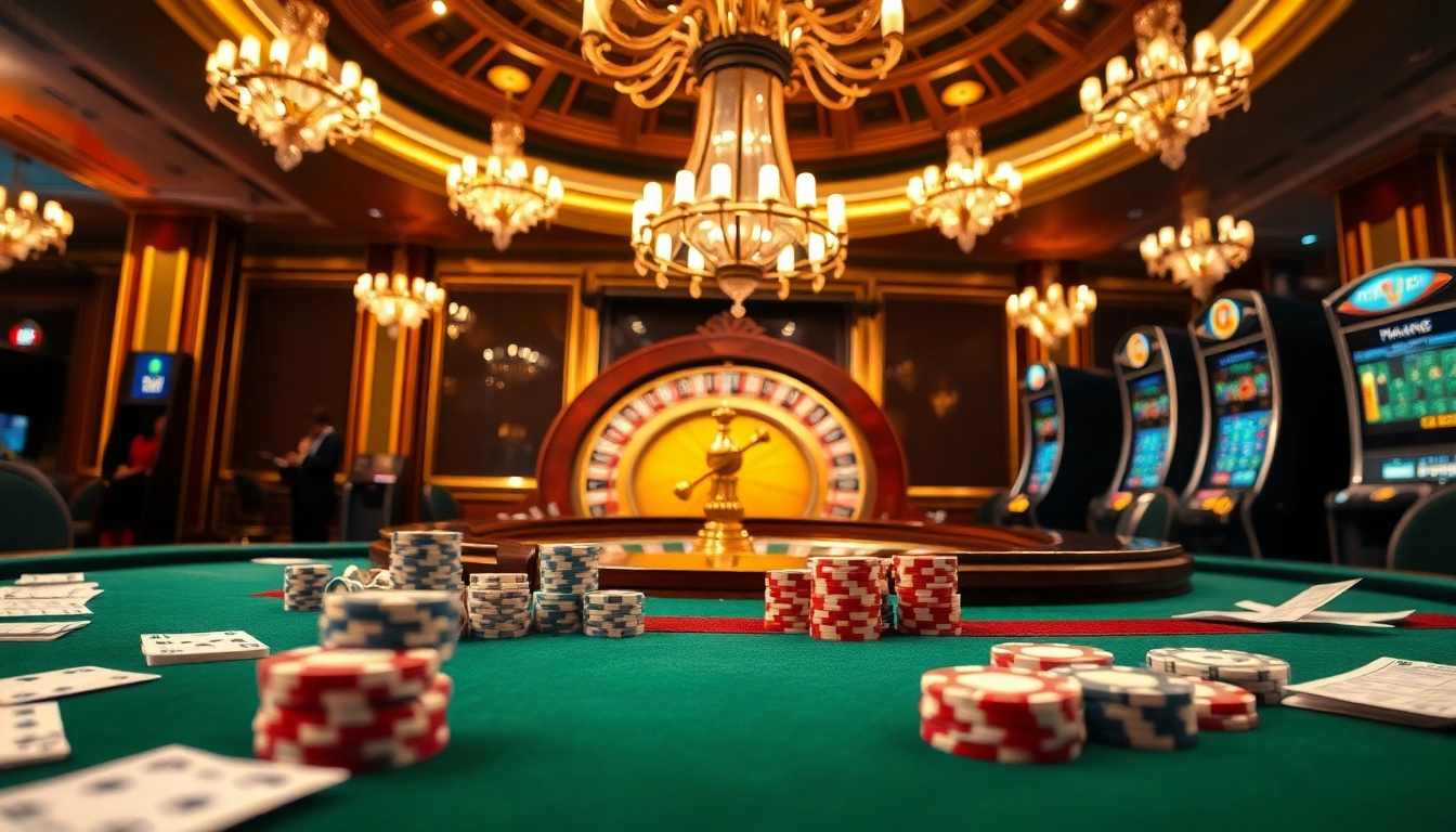 A bustling casino scene with KJC branding, highlighting poker tables and luxurious decor for gamblers.