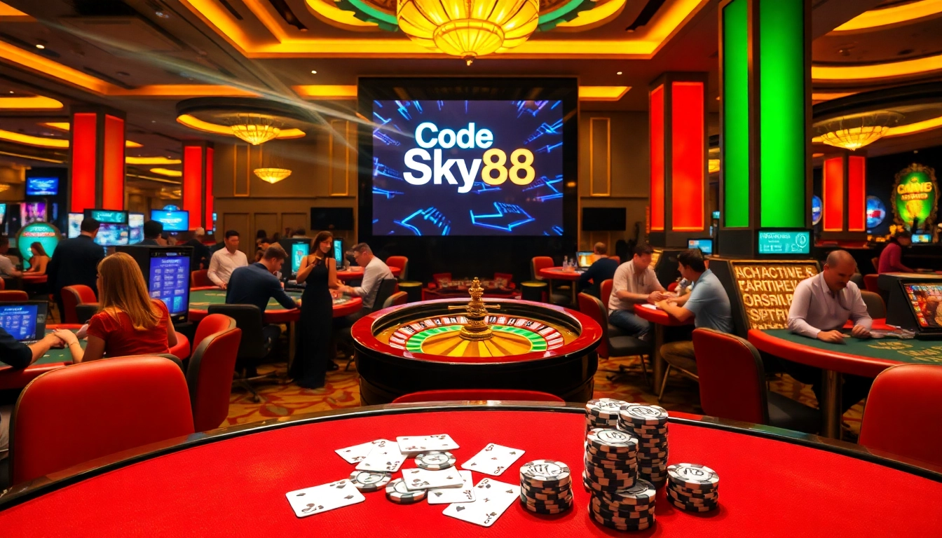 Experience the thrill of winning with code sky88 at luxury casino tables featuring roulette wheels.