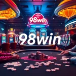 Exciting casino scene featuring poker games and slot machines showcasing 98win.