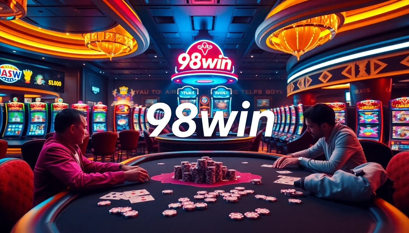 Exciting casino scene featuring poker games and slot machines showcasing 98win.
