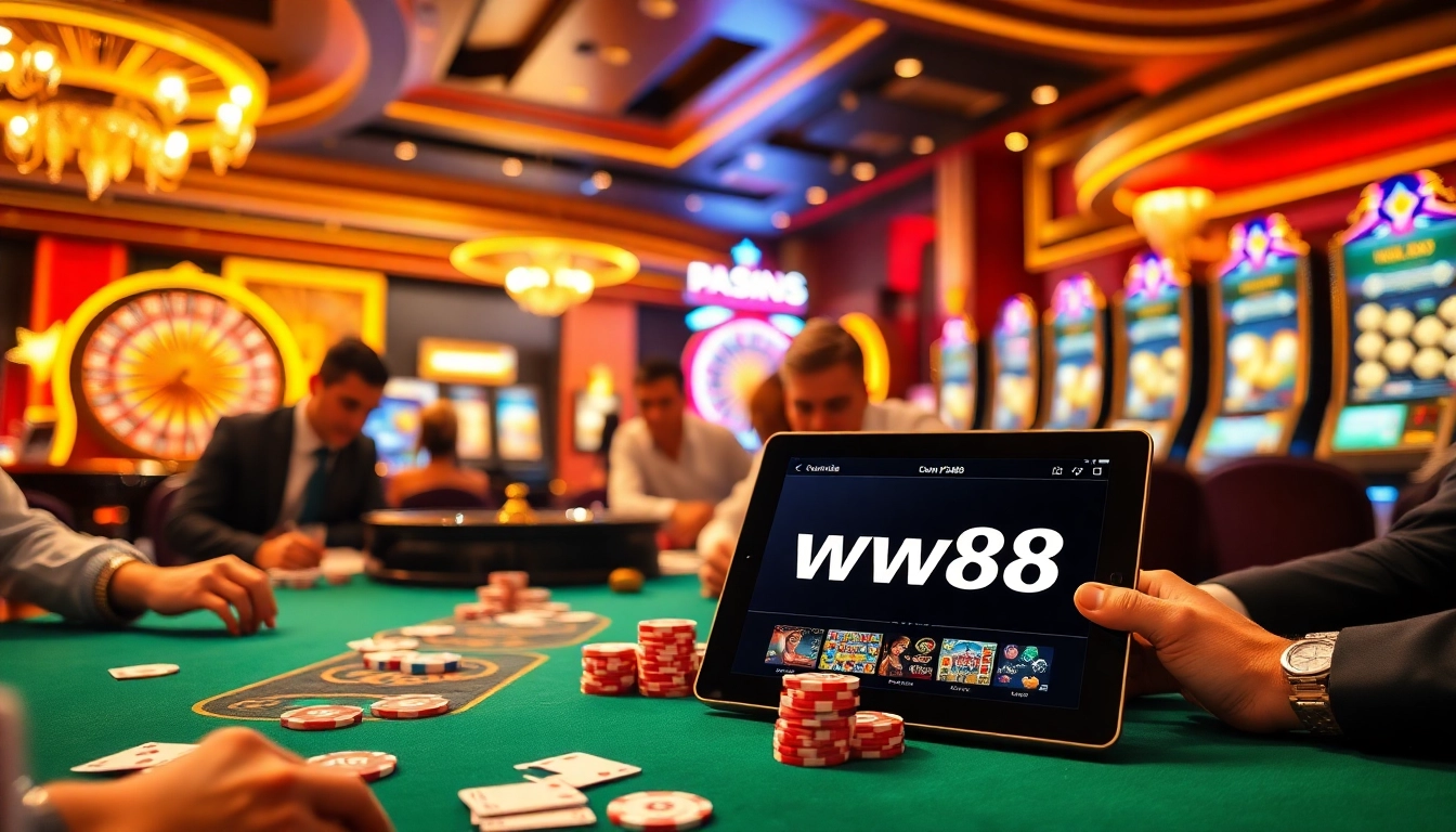Experience the thrill of gaming at ww88 with players engaging at a vibrant poker table.