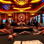 Exciting gambling scene featuring say88 nhà cái with players at a table, roulette wheel, and vibrant slot machines.