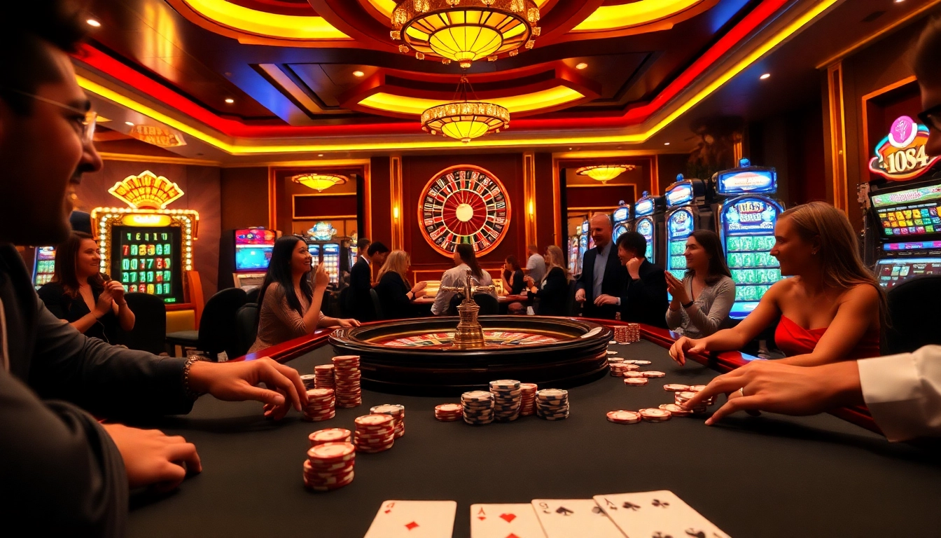 Exciting gambling scene featuring say88 nhà cái with players at a table, roulette wheel, and vibrant slot machines.