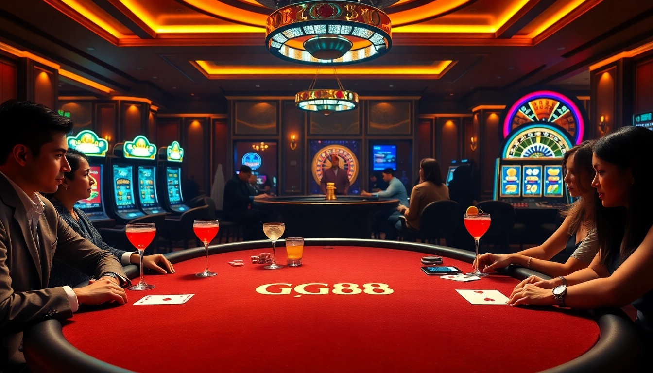 Players enjoying a game at the GG88 branded poker table in an upscale casino.