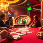 KJC poker table game with enthusiastic players and elegant casino ambiance