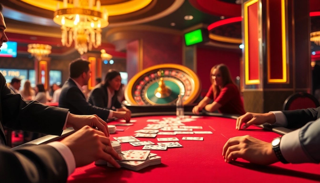 KJC poker table game with enthusiastic players and elegant casino ambiance