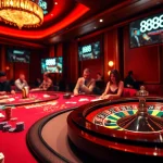 Excited players engage at a vibrant casino table while enjoying 888NOW COM gaming experience.