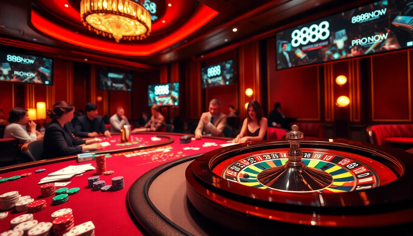 Excited players engage at a vibrant casino table while enjoying 888NOW COM gaming experience.