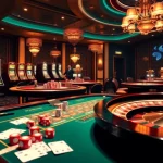 Engaging scene of luxury gambling at dom88.us.com with poker chips and slot machines.