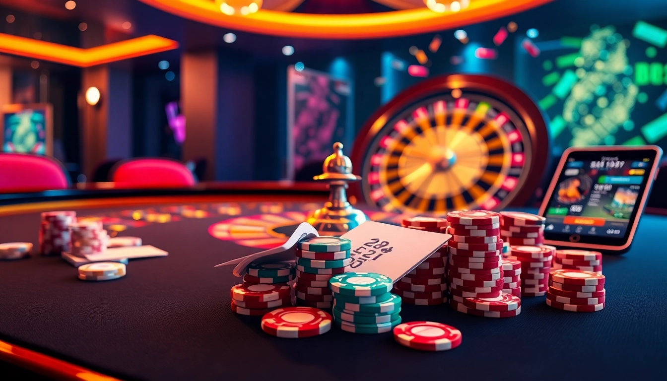 Engaging casino scene with vibrant gaming elements representing 88i nhà cái and online gambling excitement.