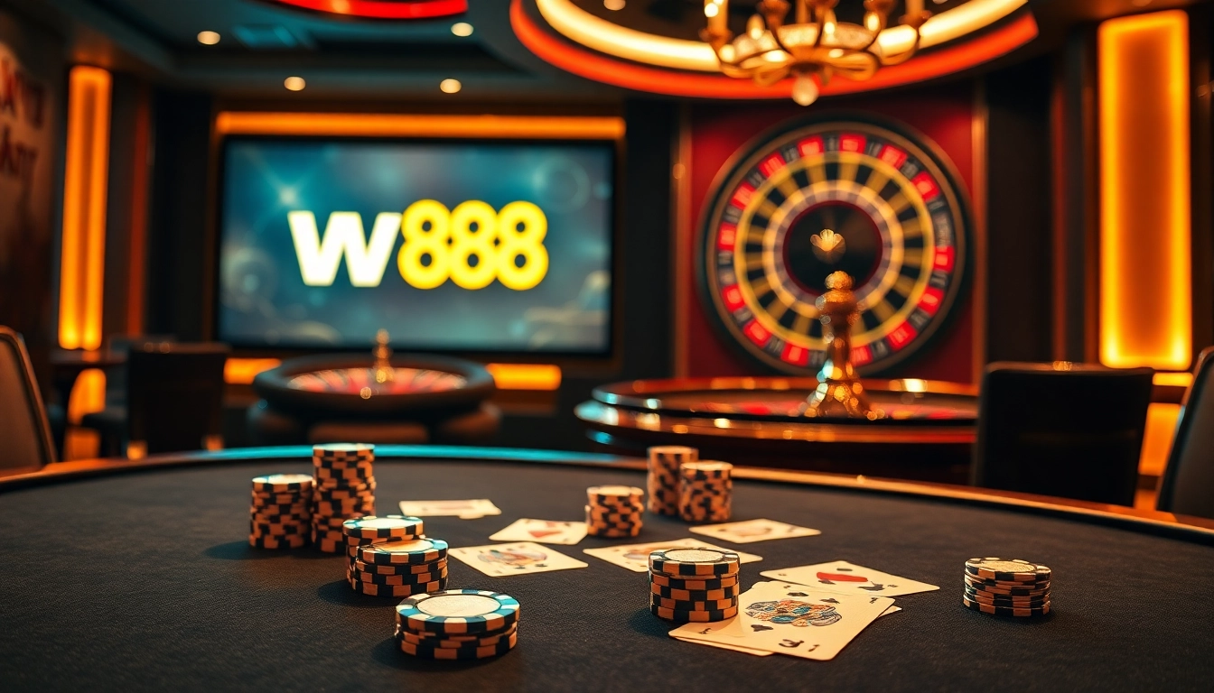 Exciting gambling scene featuring high-stakes poker at ww88 com casino with luxurious decor.