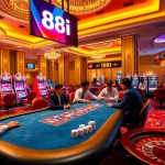 Players enjoying a thrilling poker game at 88i casino, surrounded by colorful slot machines.
