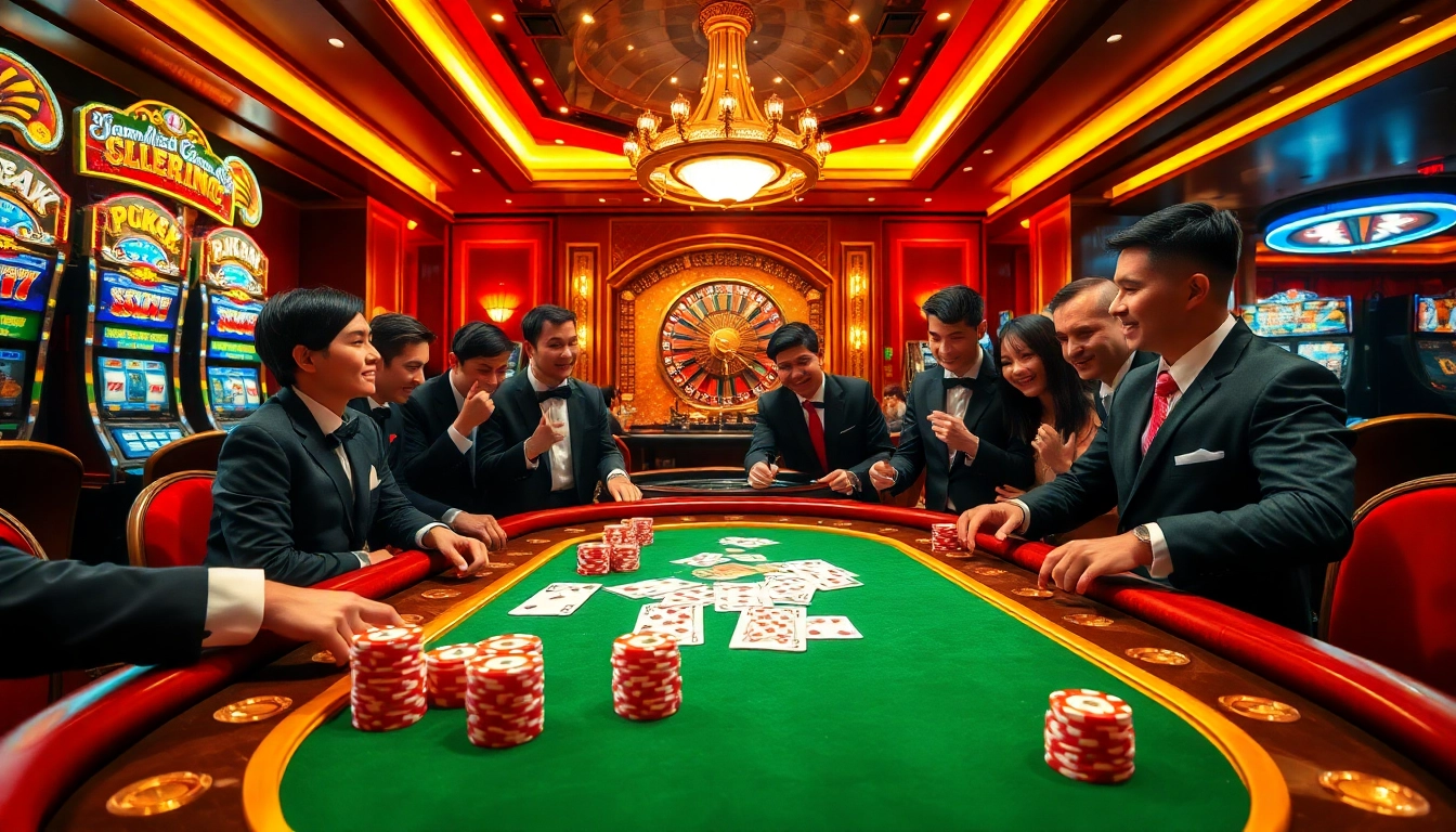 Thrilling casino excitement at LC88 COM with elegant poker table and vibrant slot machines.