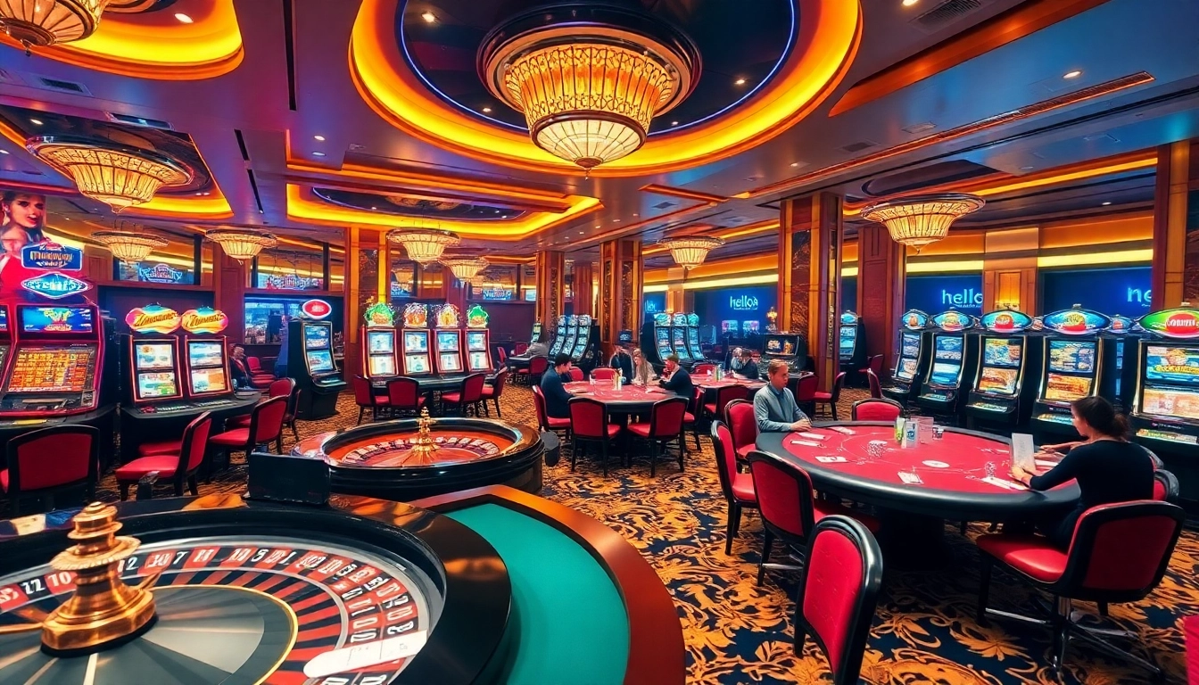 Engaging scene of gamblers enjoying games at nhà cái hello88 casino, showcasing roulette, poker tables, and vibrant slot machines.