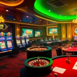 MM88 casino scene with vibrant slot machines, roulette wheel, and lively poker tables.