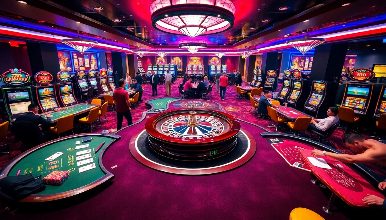 Engaging gambling scene highlighting the excitement at https://luck8f.jpn.com/ with roulette and poker tables.