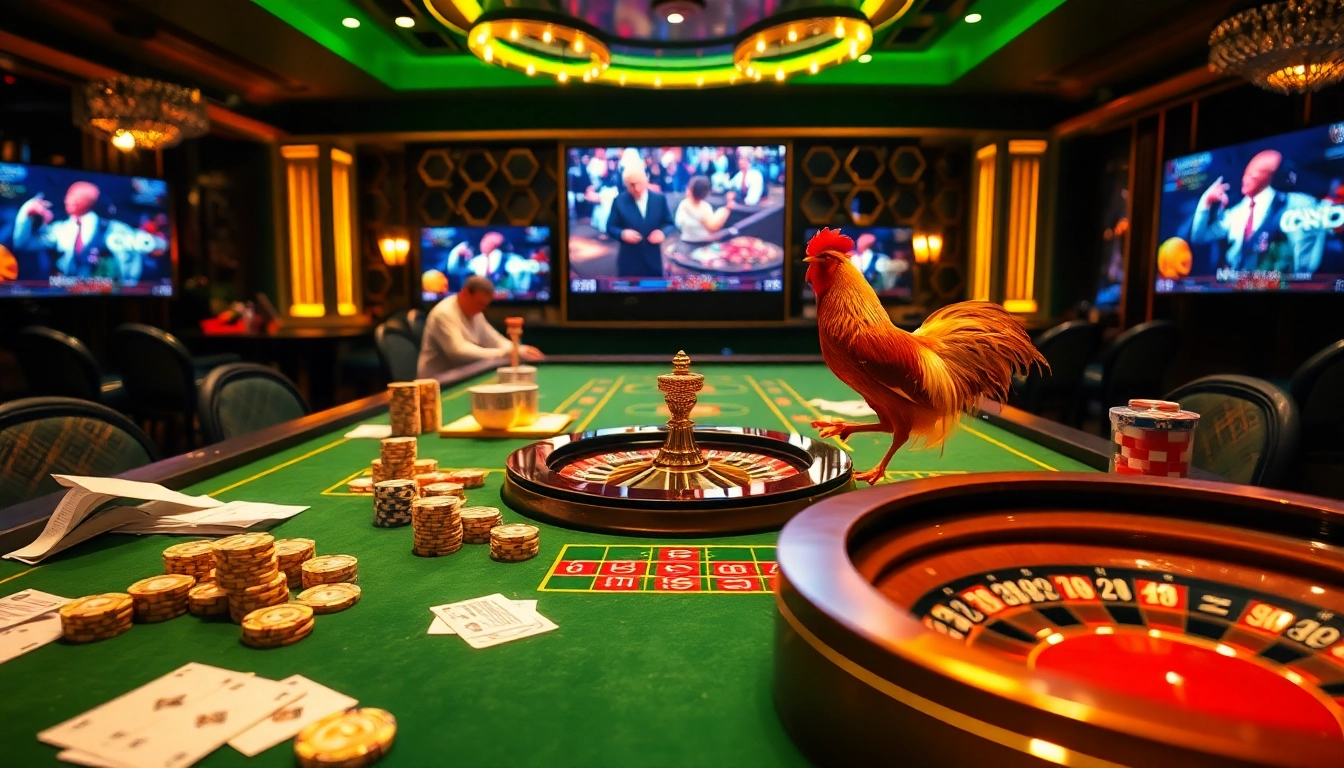 Experience the thrill of Nhà cái đá gà with professional cockfighting betting, vibrant game tables, and engaged players.