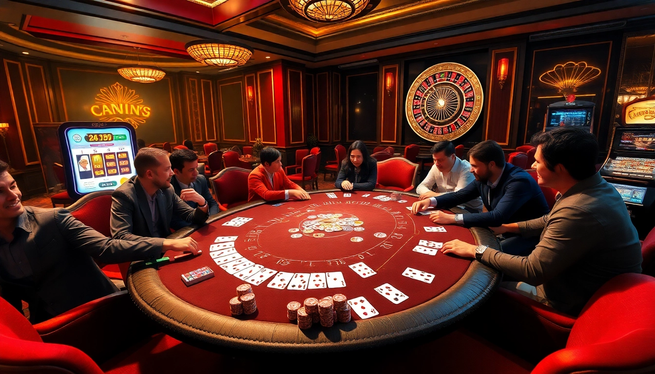Players strategizing at a blackjack table with vibrant cards and chips in a luxurious casino reflecting xo88t3.