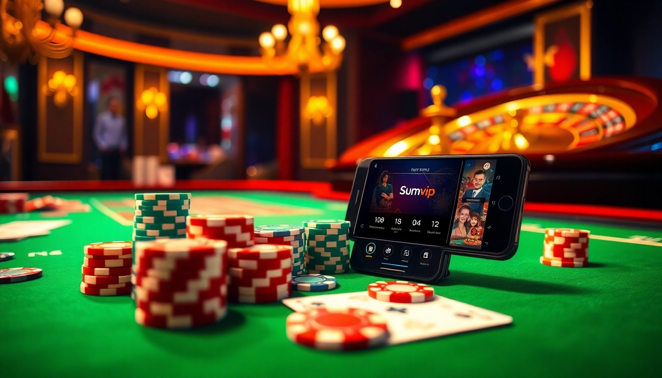 Engage with the thrilling sumvip app interface showcasing vibrant casino elements like poker chips and cards.