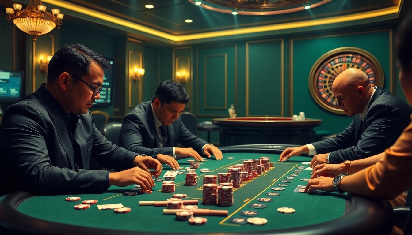 Engage in high-stakes poker at nhà cái xin88 with intense players and vibrant casino elements.