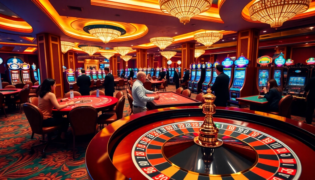 Engaged gamblers enjoying the GG88 experience at a luxurious casino with vibrant tables and slot machines.