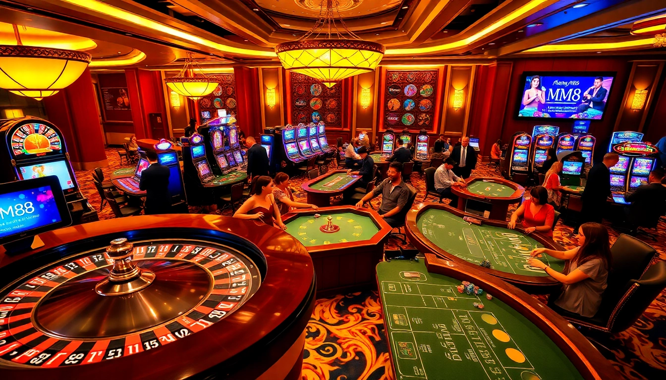 Experience excitement at MM 88 with players engaged in high-stakes poker games and vibrant slot machines.