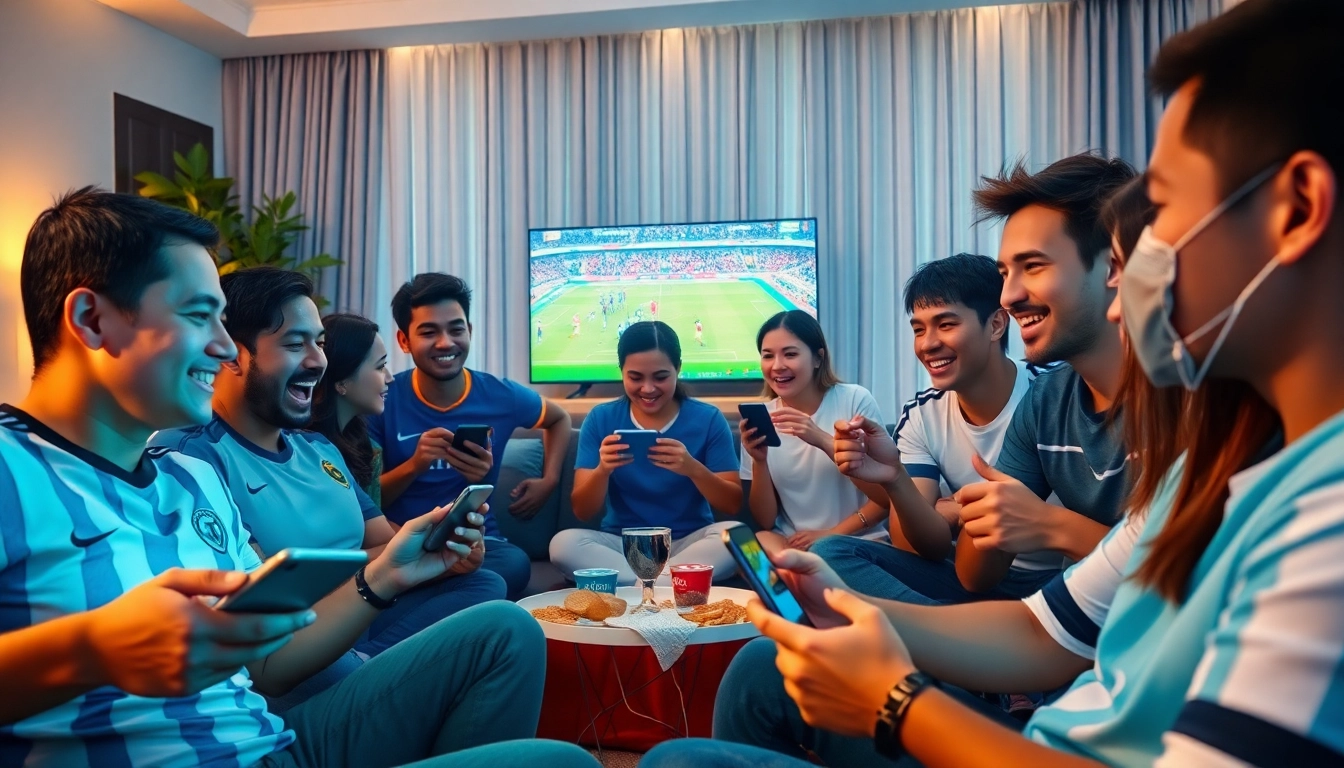 Engaged fans watching a live football match on vaoluoitv.it.com, experiencing excitement and community.