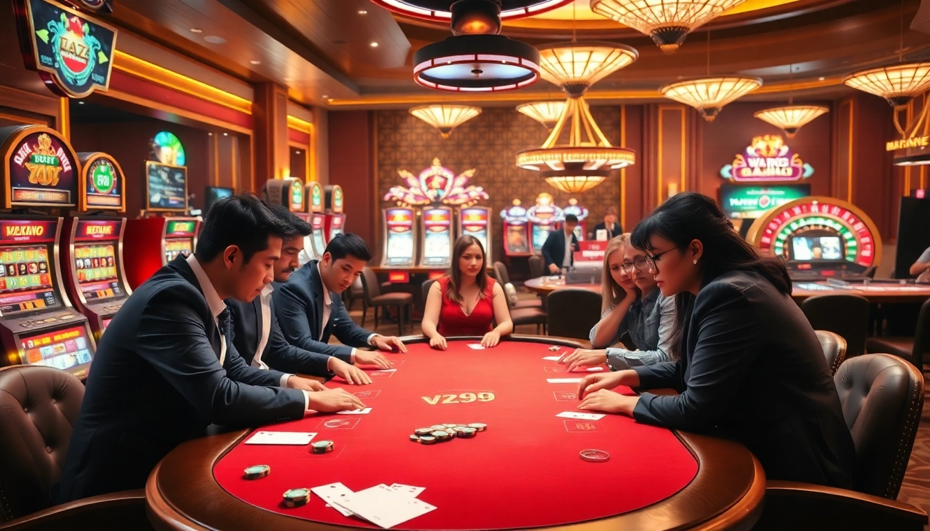 Experience thrilling gameplay at vz99's luxurious casino tables filled with poker chips and cards.