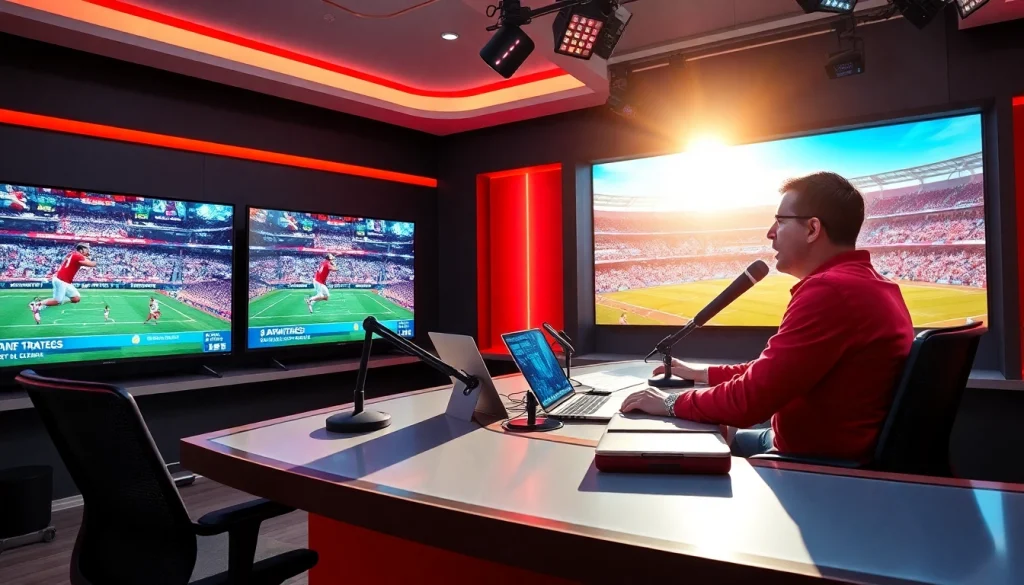 Engaging scene of a host in sports broadcasting, discussing gameplay strategies live.